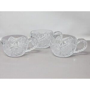 Vintage Set Of 3 Clear Pressed Glass Punch Cups Decorative Floral‎ Starburst